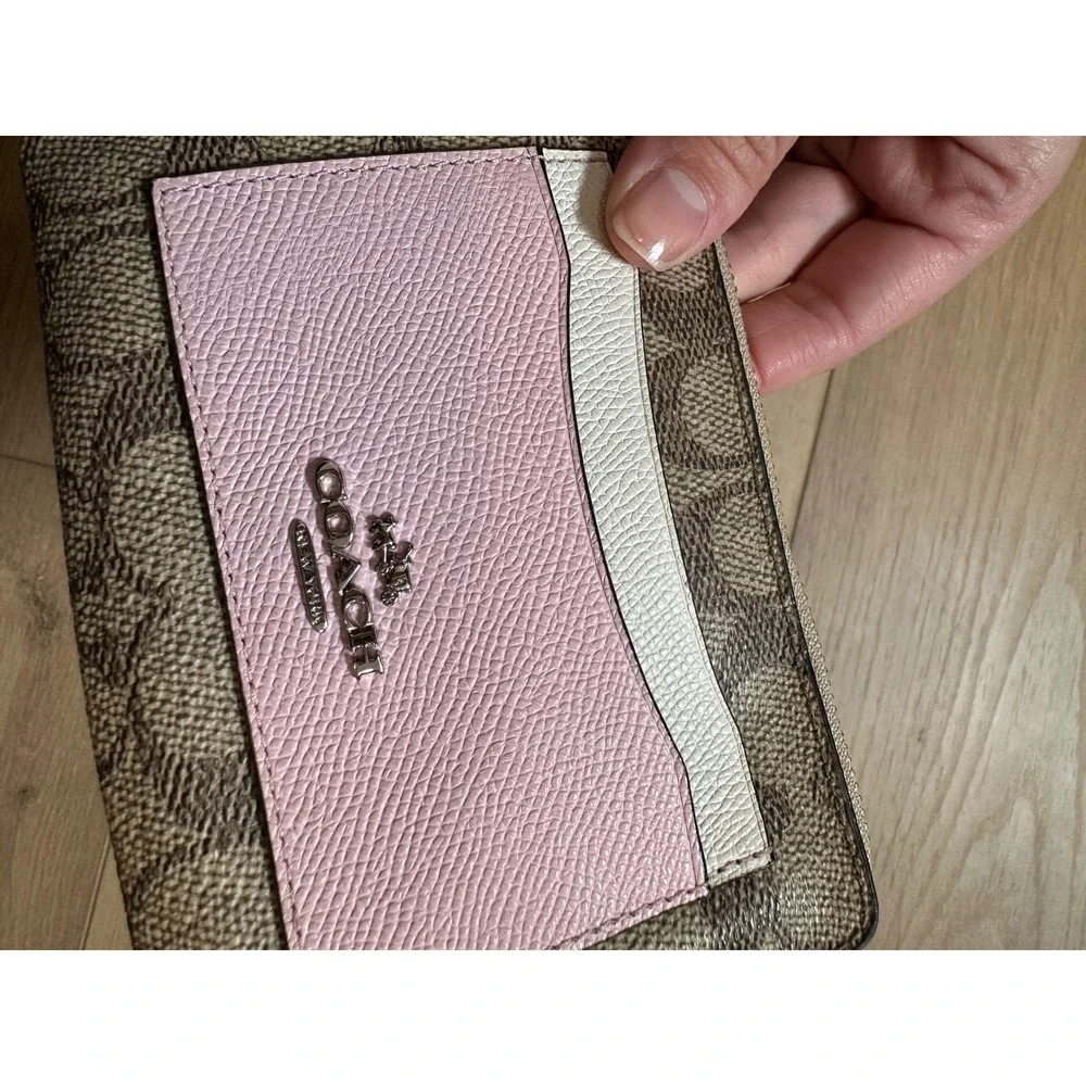 Coach Signature Canvas Corner Zip Wristlet Pink Colorblock Leather F58035